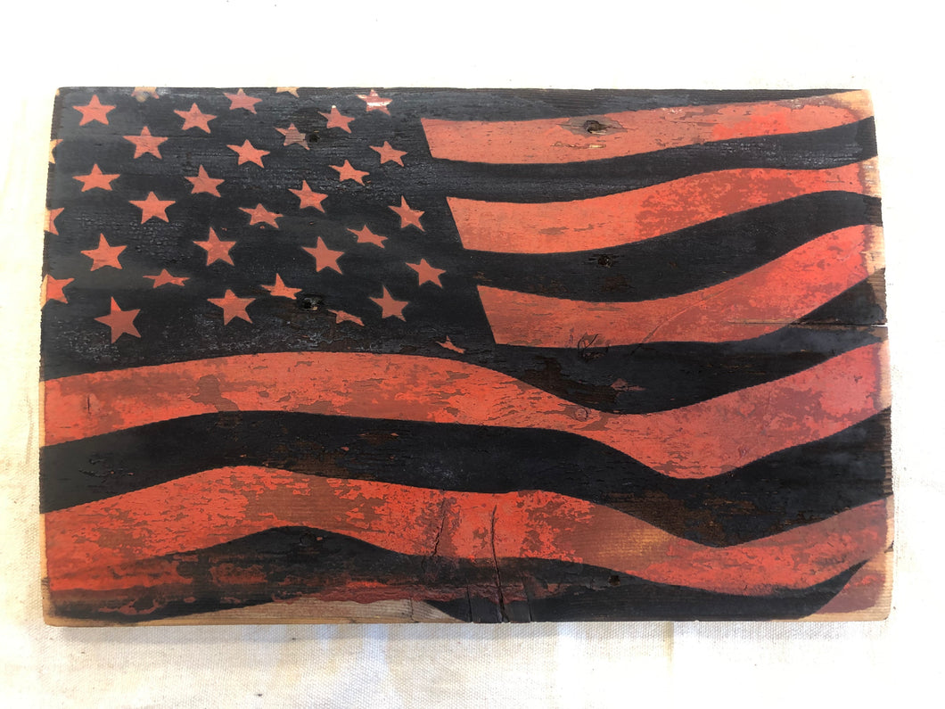 American Flag lasered engraved on reclaimed wood.